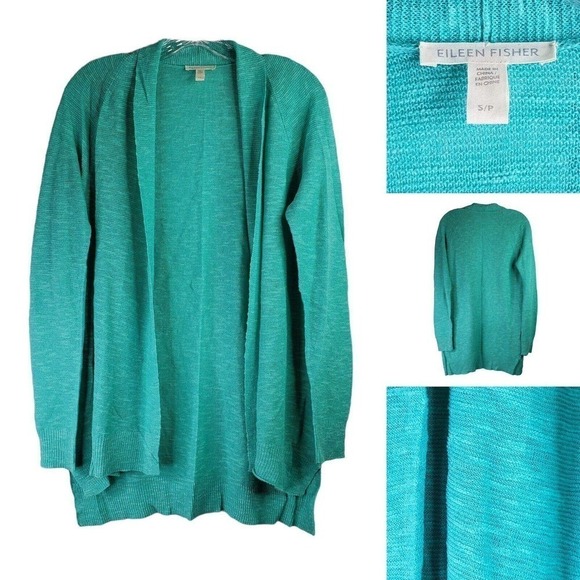 Eileen Fisher Women Teal Green Linen Open Cardigan Small Knit Longline Sweater - Picture 1 of 9